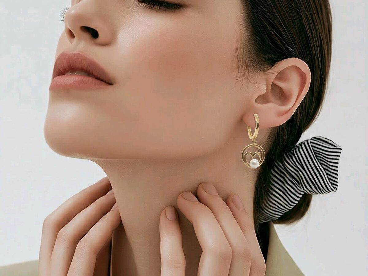 Amour Perle - 14 Ayar İncili Kalp Altın Küpe 2,40 gr