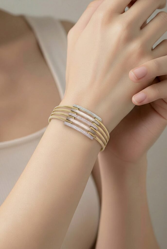 14 ayar çok sıralı taşlı altın kelepçe bloc bangle sarı beyaz altın model