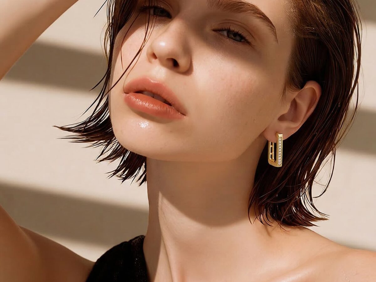 Bloc Frame - 14 Ayar Taşlı Kare Altın Küpe 3,28 gr