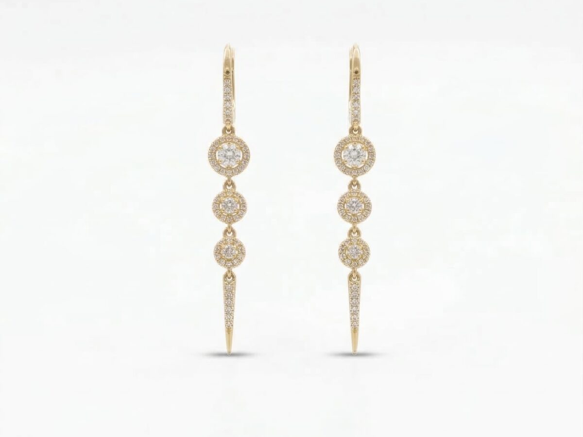 14 ayar uzun sallantılı taşlı altın küpe lumiere spire halo zirkon model