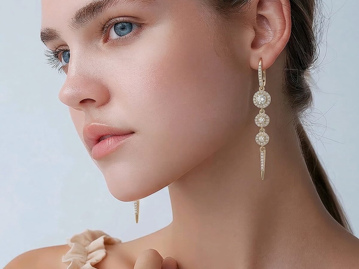 14 ayar uzun sallantılı taşlı altın küpe lumiere spire halo zirkon model