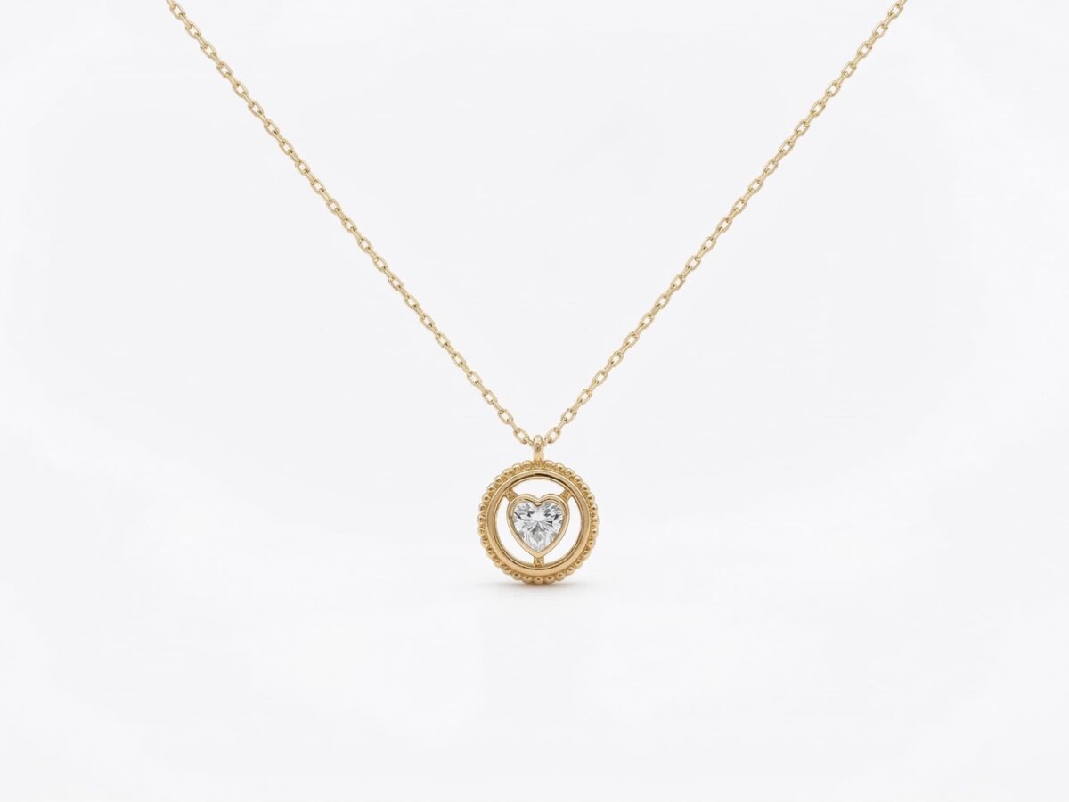 14 ayar kalp taşlı altın kolye amour halo milgrain daire çerçeve model