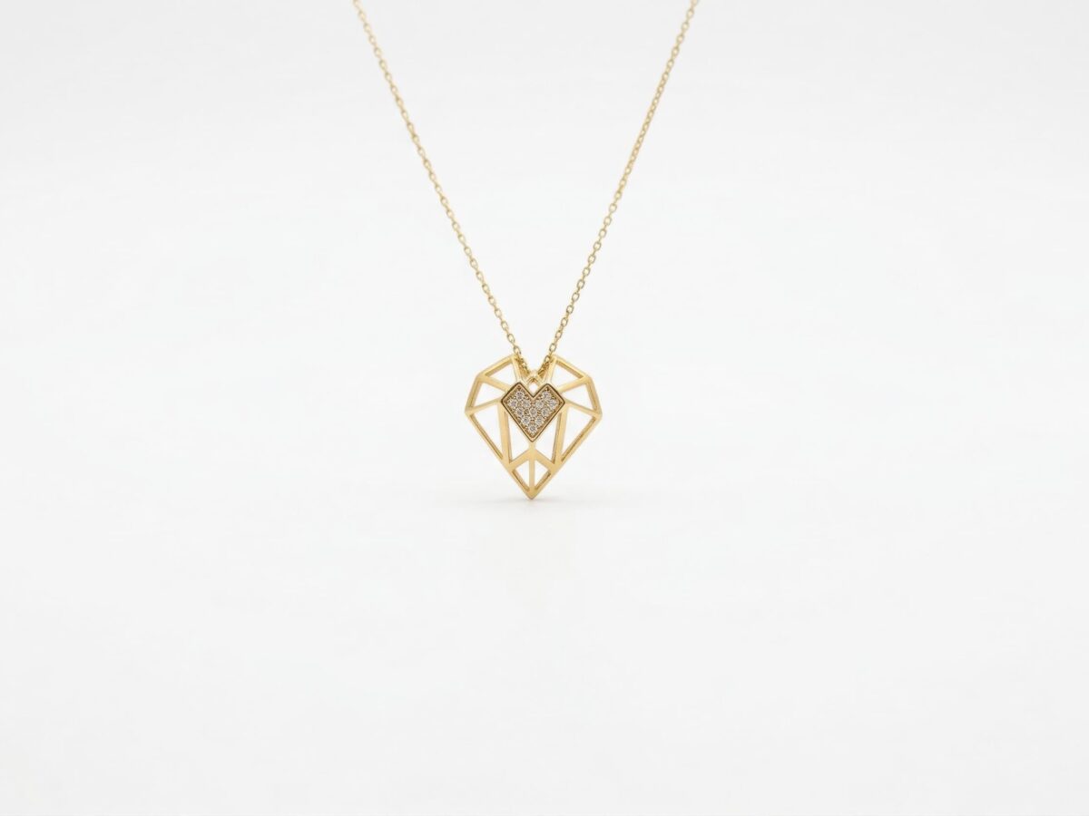 14 ayar kalp figürlü altın kolye amour origami geometrik kafes pavé zirkon model