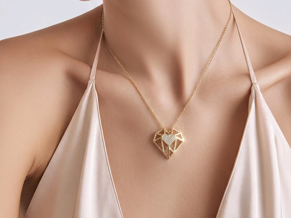 14 ayar kalp figürlü altın kolye amour origami geometrik kafes pavé zirkon model