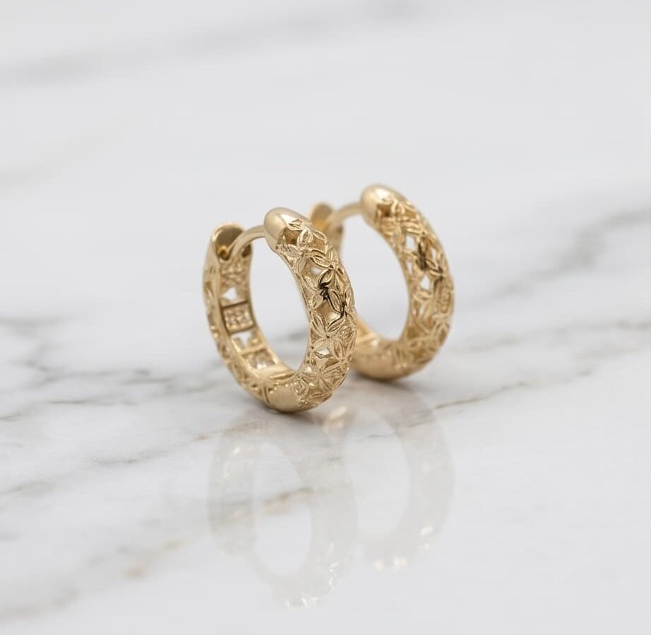 14 ayar oymalı altın küpe arabesque hoop geleneksel motif halka model