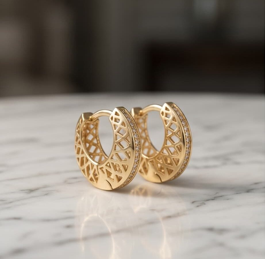 14 ayar kafes desenli altın küpe bloc lattice geometrik oyma zirkon taş halka model