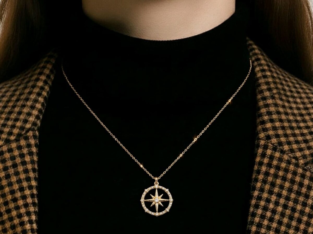 14 ayar pusula altın kolye celeste compass sekiz kollu yıldız pavé zirkon model