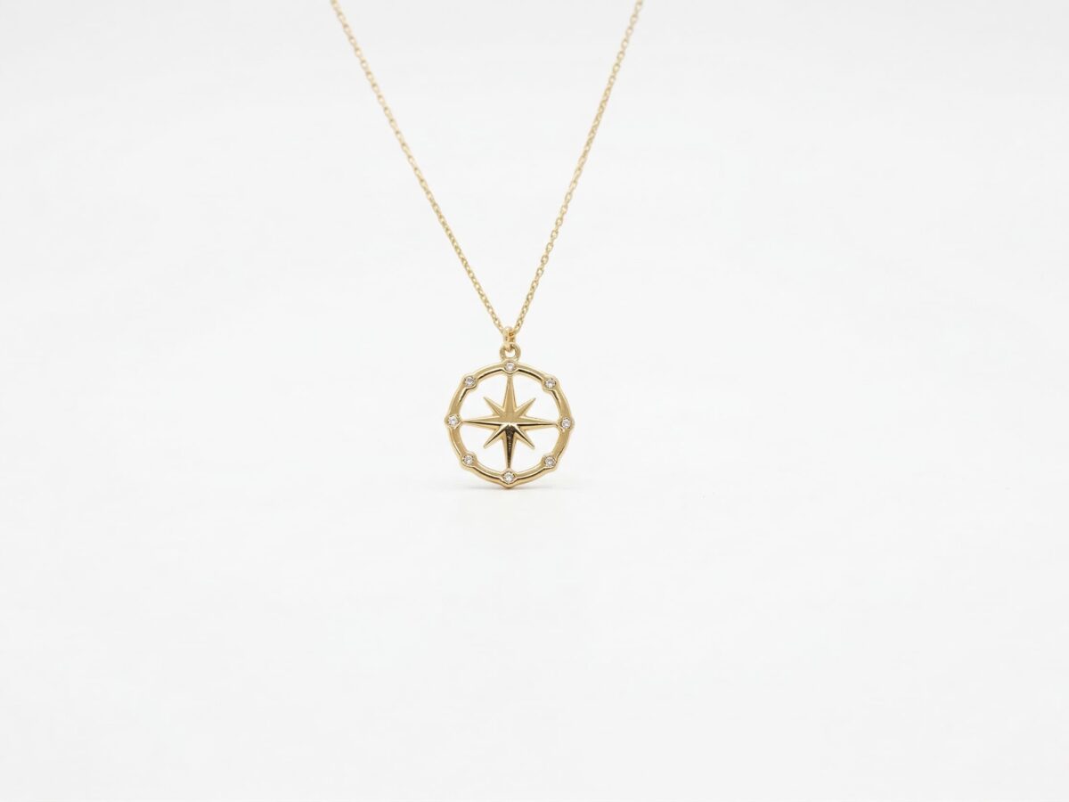 14 ayar pusula altın kolye celeste compass sekiz kollu yıldız pavé zirkon model