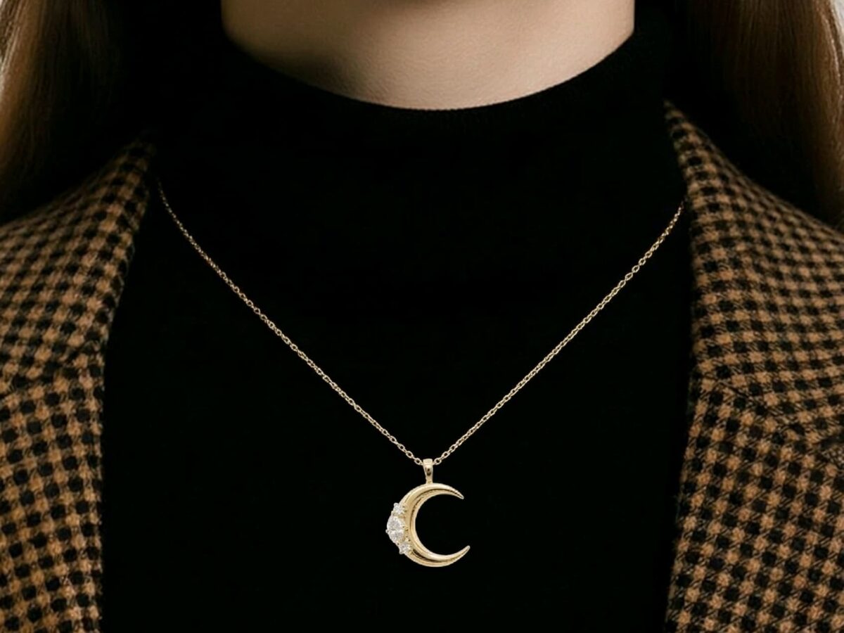 14 ayar hilal altın kolye celeste luna marquise zirkon taşlı model