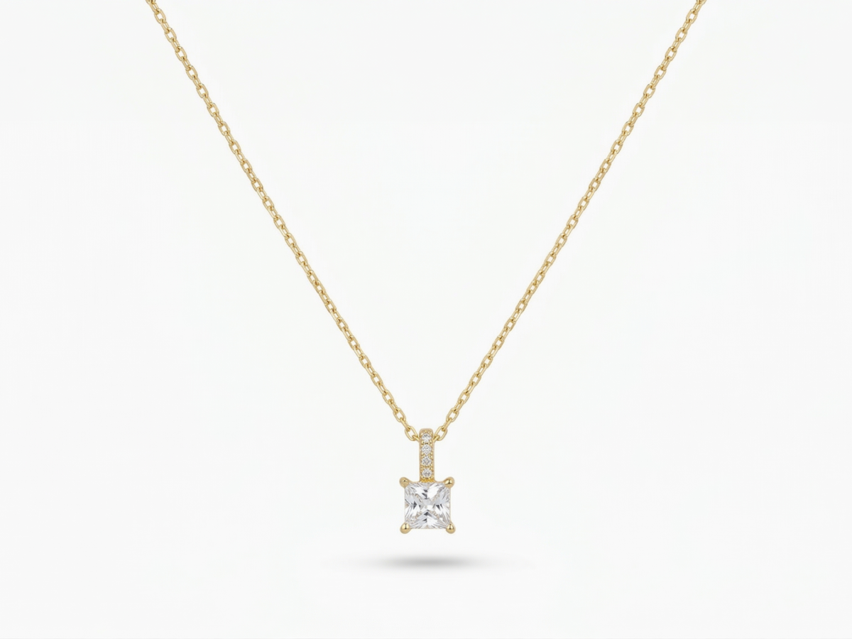 14 ayar tek taşlı altın kolye lumiere carre princess kesim zirkon model