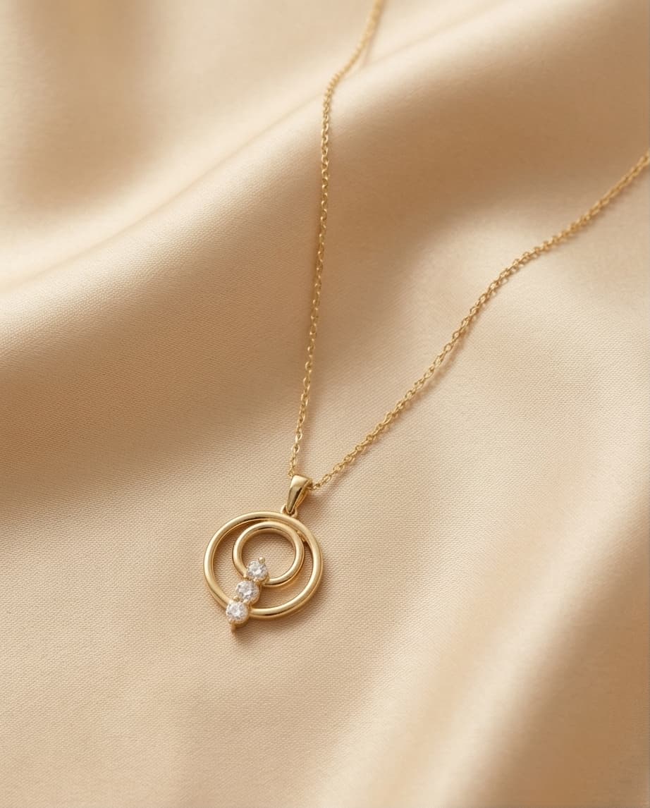 14 ayar daire taşlı altın kolye lumiere orbit iç içe çift daire üç taş model