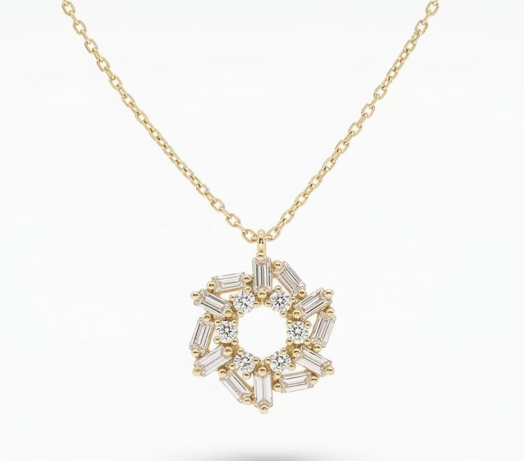 14 ayar taşlı çiçek altın kolye lumiere soleil baget yuvarlak daire model