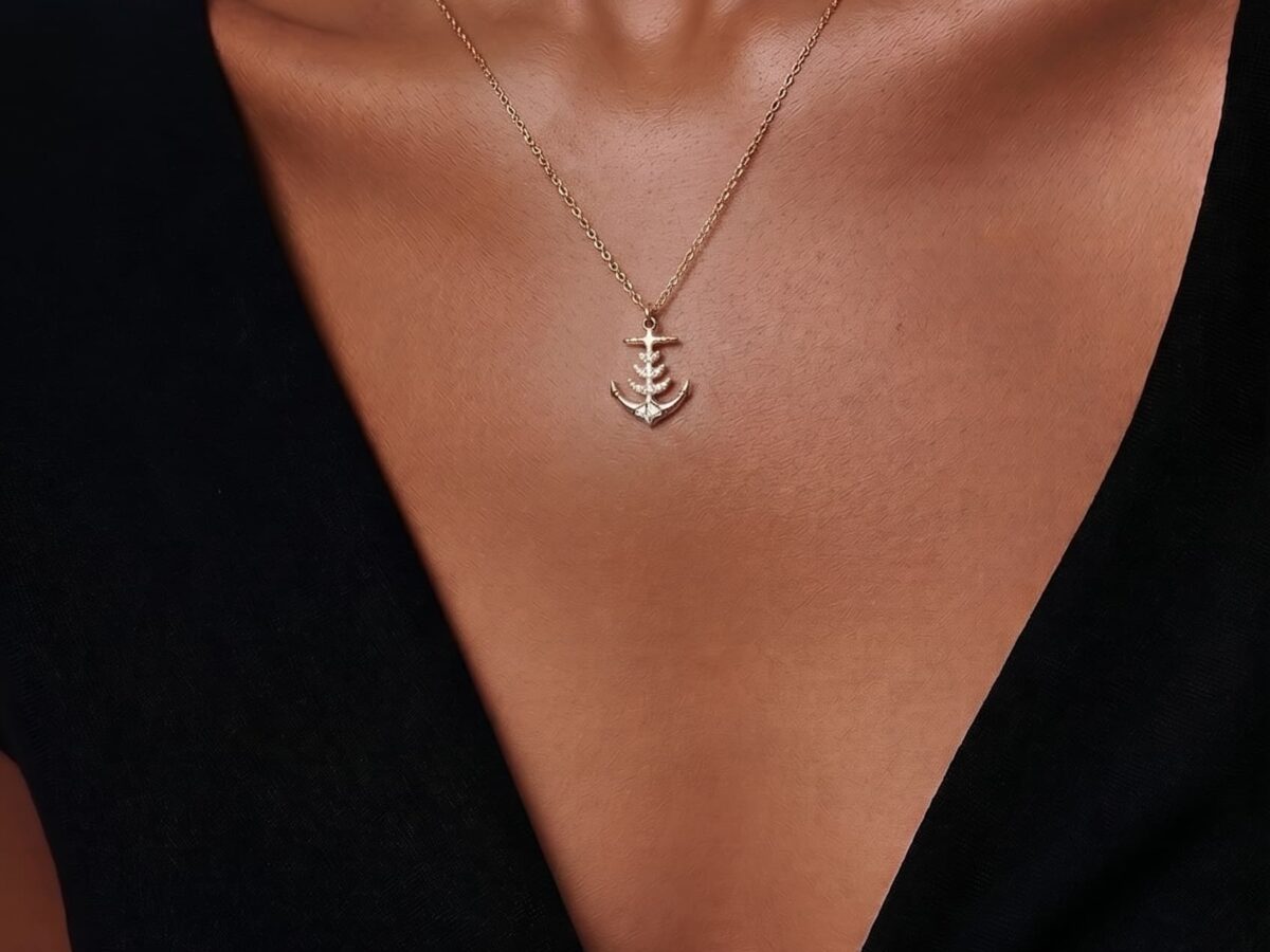 14 ayar şans figürlü altın kolye marine wishbone dilek kemiği taş detay model