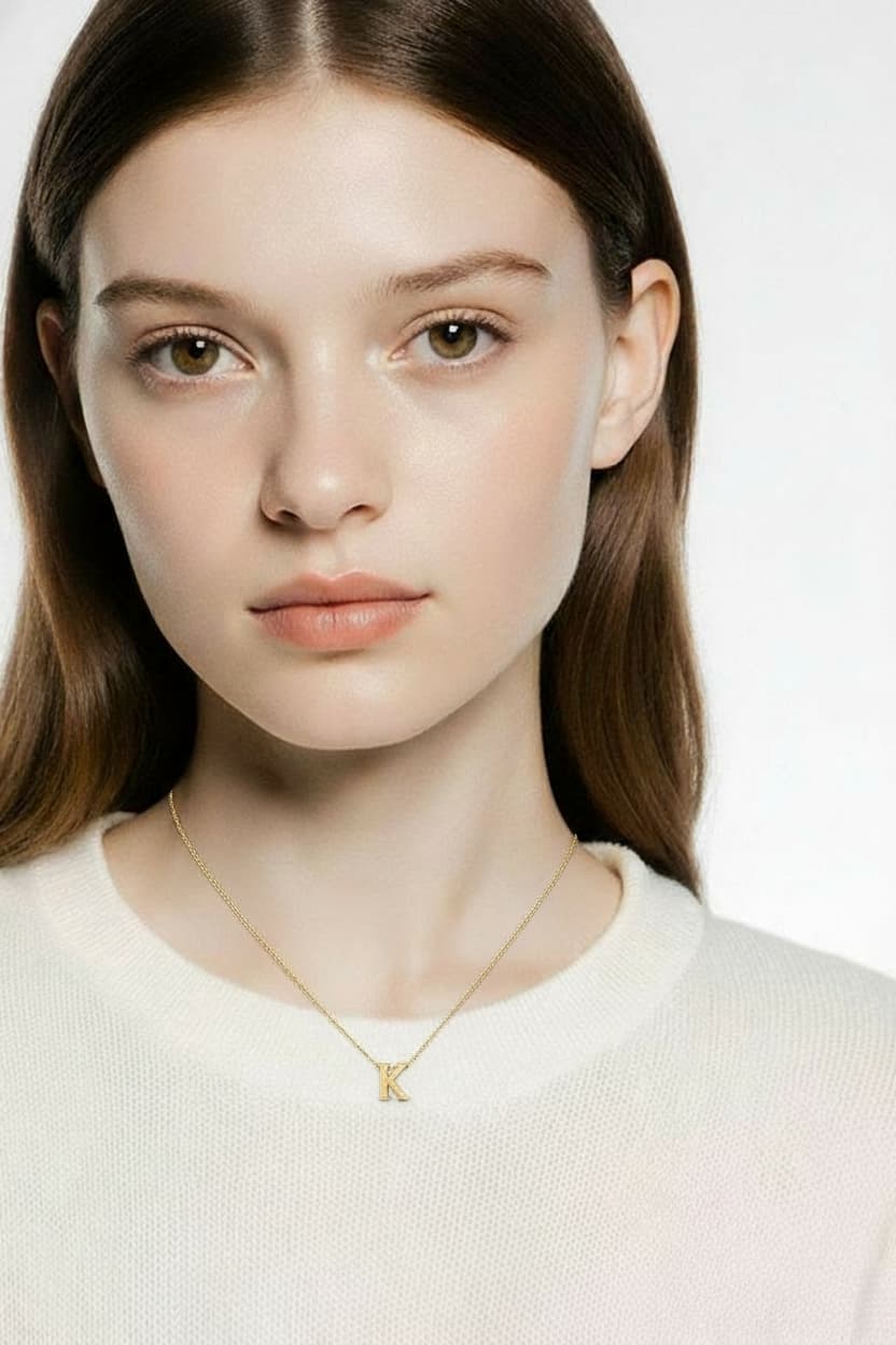 14 ayar K harfi altın kolye monogram mini taşsız sade model