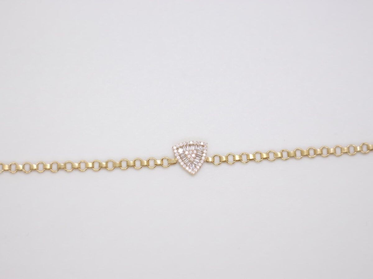 14 ayar zirkon taşlı altın bileklik prism shield baget yuvarlak kesim rolo zincir 4.24 gr