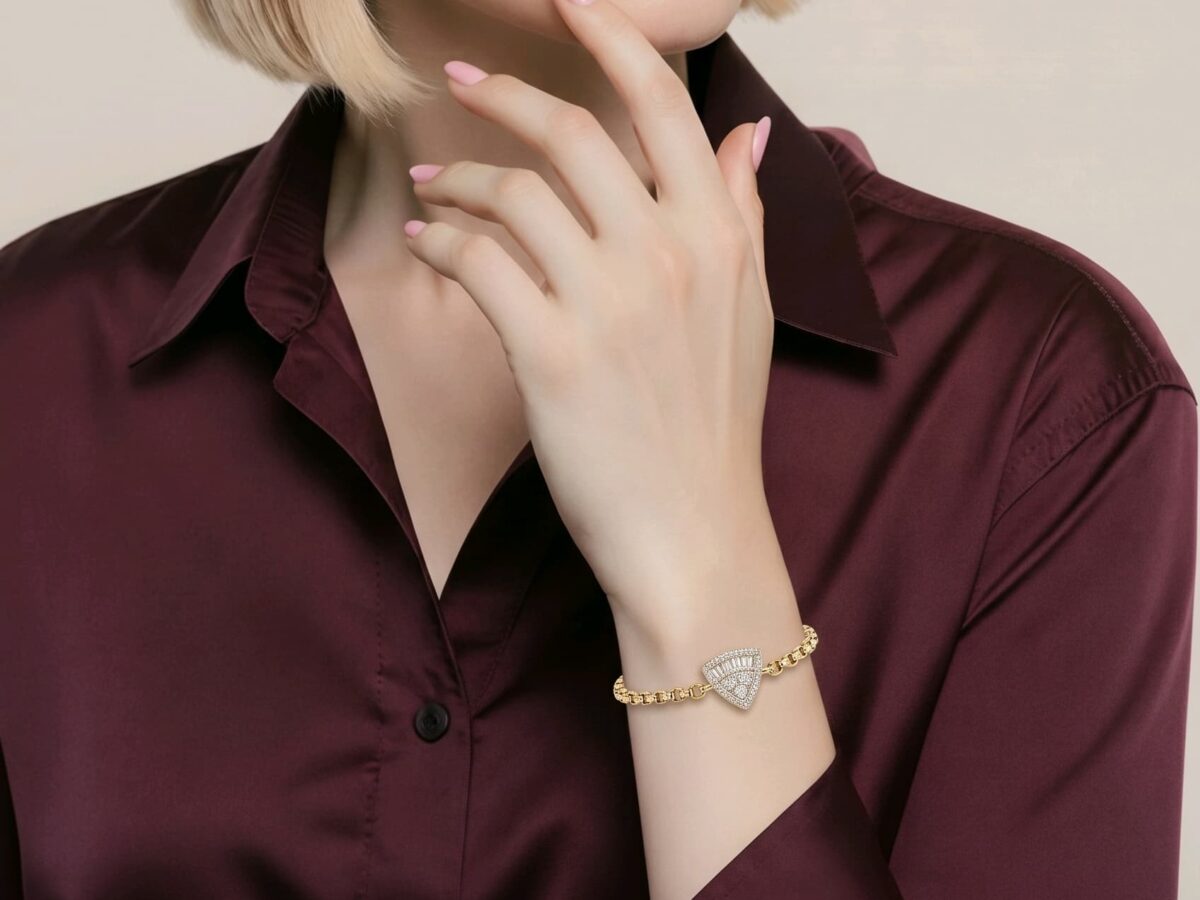 14 ayar zirkon taşlı altın bileklik prism shield baget yuvarlak kesim rolo zincir 4.24 gr