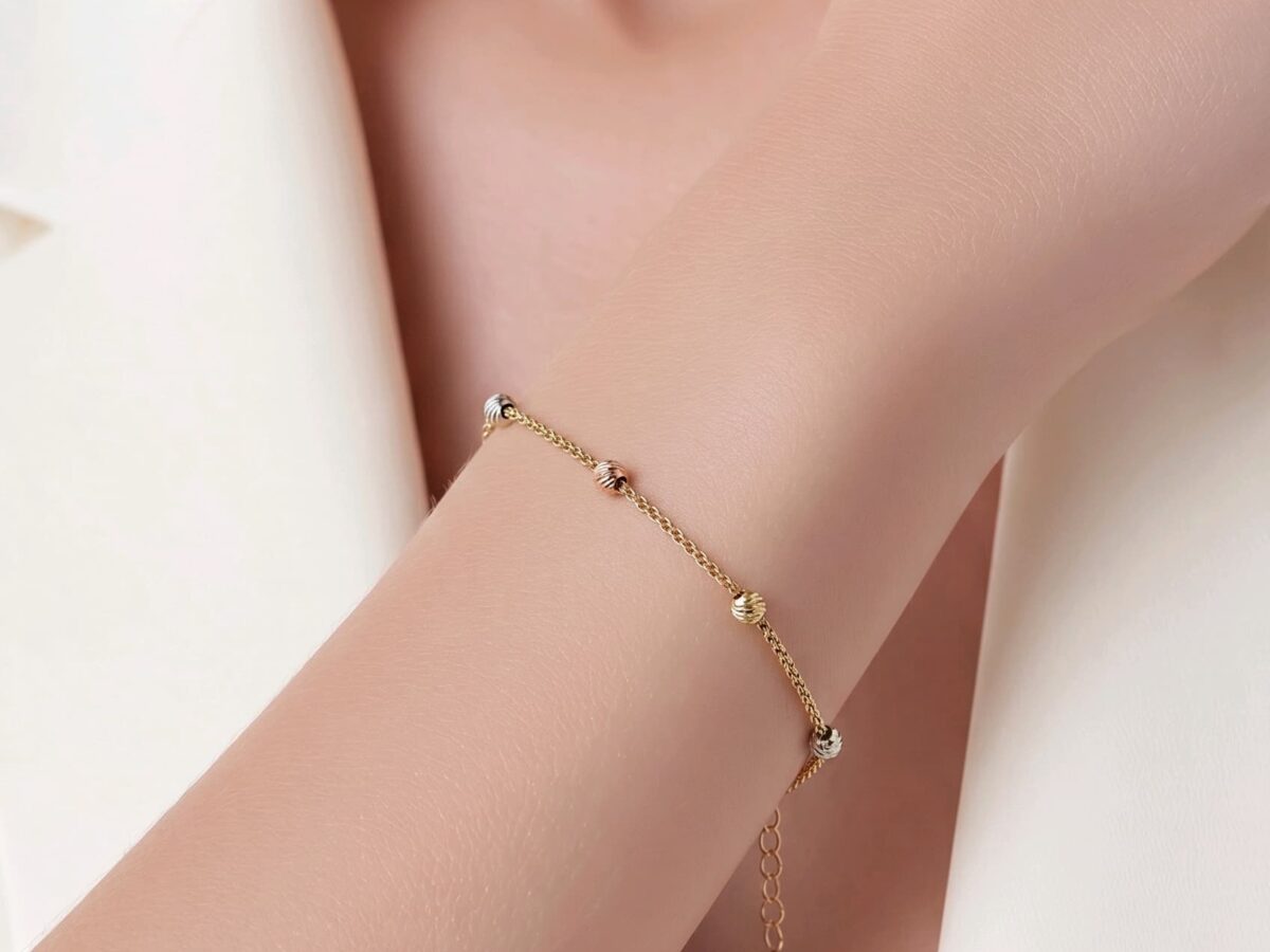 14 ayar üç renkli altın bileklik twist trinite sarı beyaz rose boncuk model